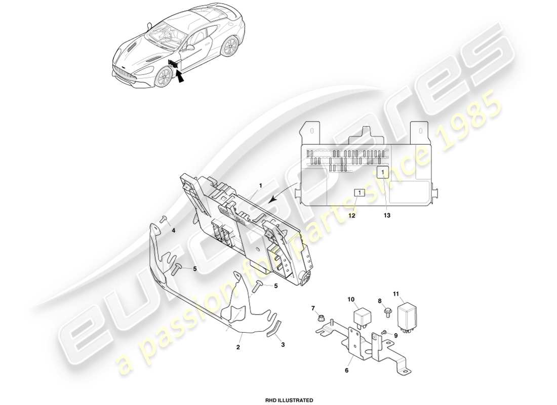 aston martin vanquish (2013) passenger compartment fusebox parts diagram