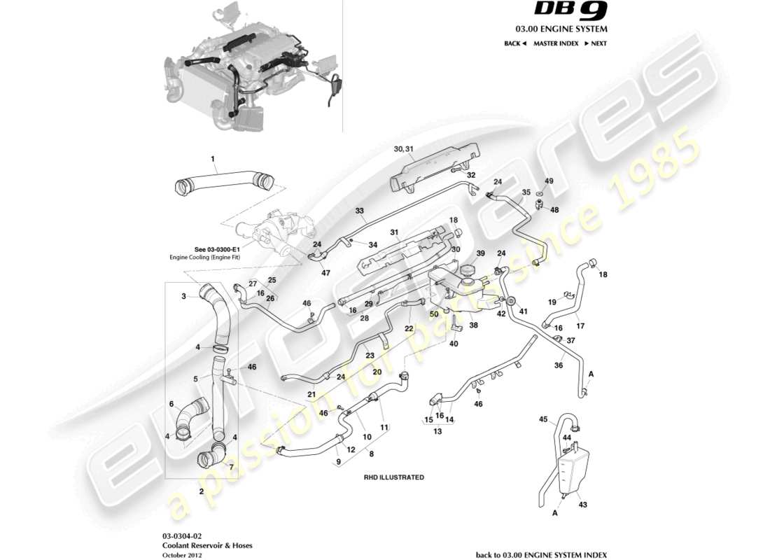 aston martin db9 (2014) coolant reservoir & hoses parts diagram
