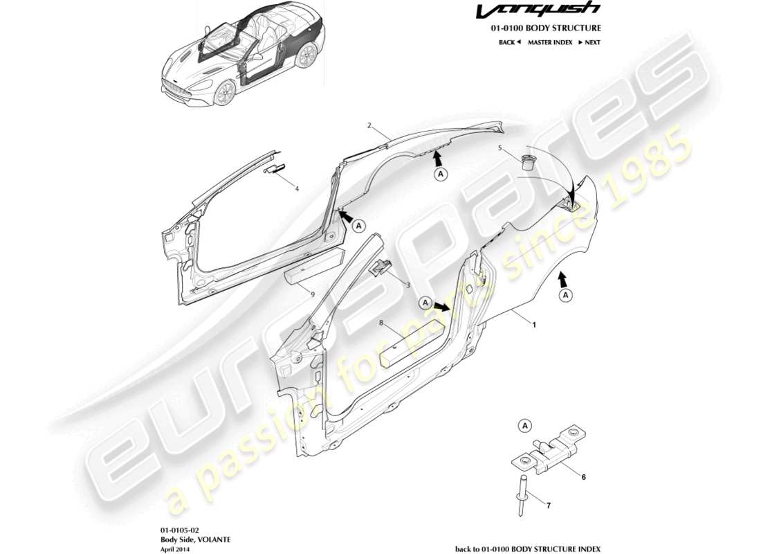 aston martin vanquish (2018) body side, volante part diagram