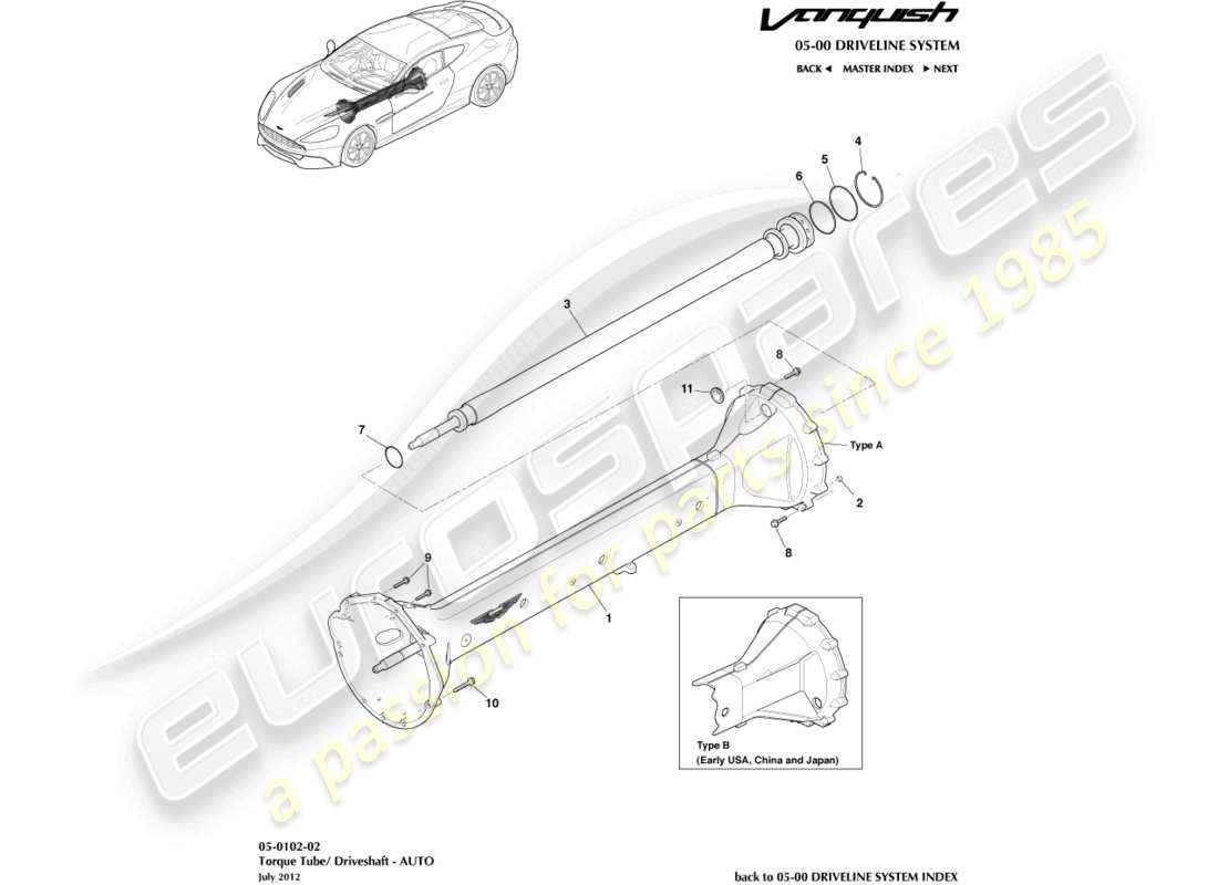 aston martin vanquish (2017) torque tube assembly, 6 spd part diagram