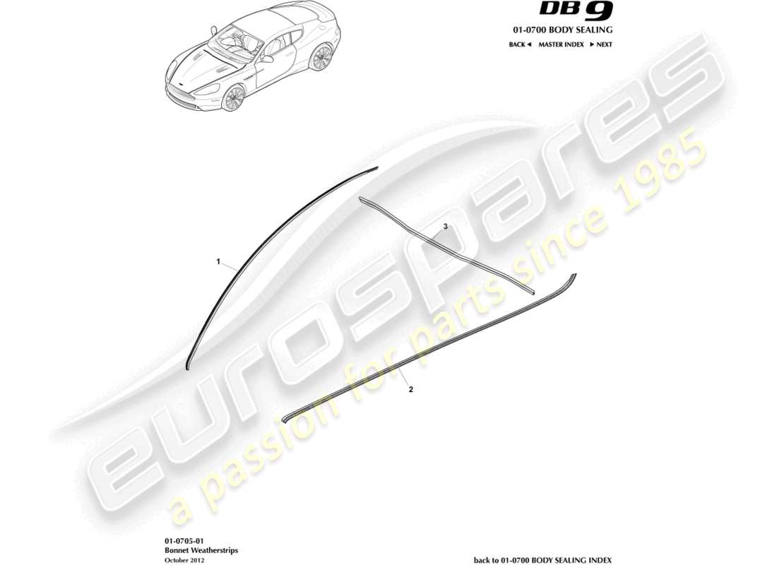 aston martin db9 (2017) bonnet weatherstrips part diagram
