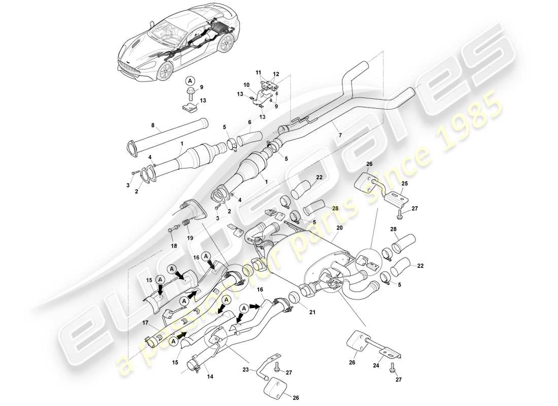 aston martin vanquish (2013) exhaust system, s parts diagram