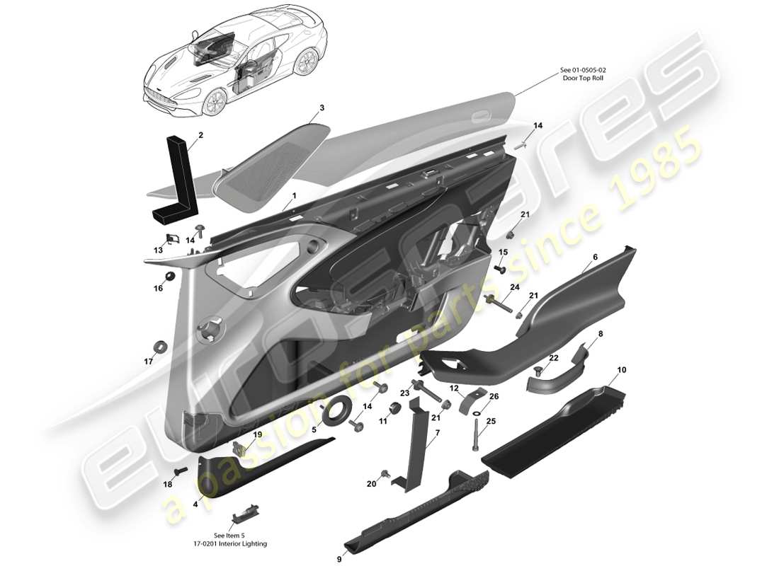 aston martin vanquish (2013) front door trim panel parts diagram