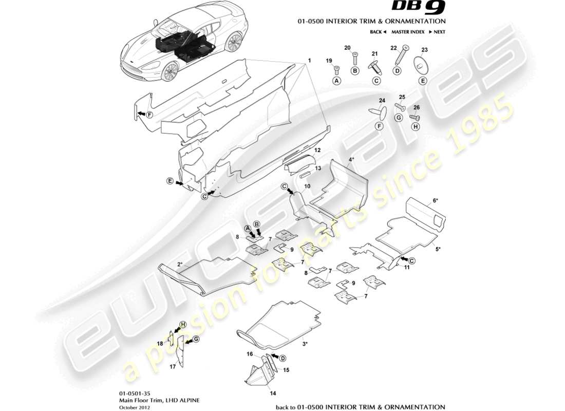 aston martin db9 (2015) main floor trim, lhd, alpine parts diagram