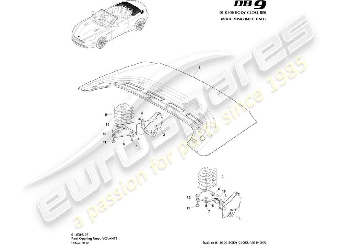 aston martin db9 (2015) roof opening panel, volante parts diagram