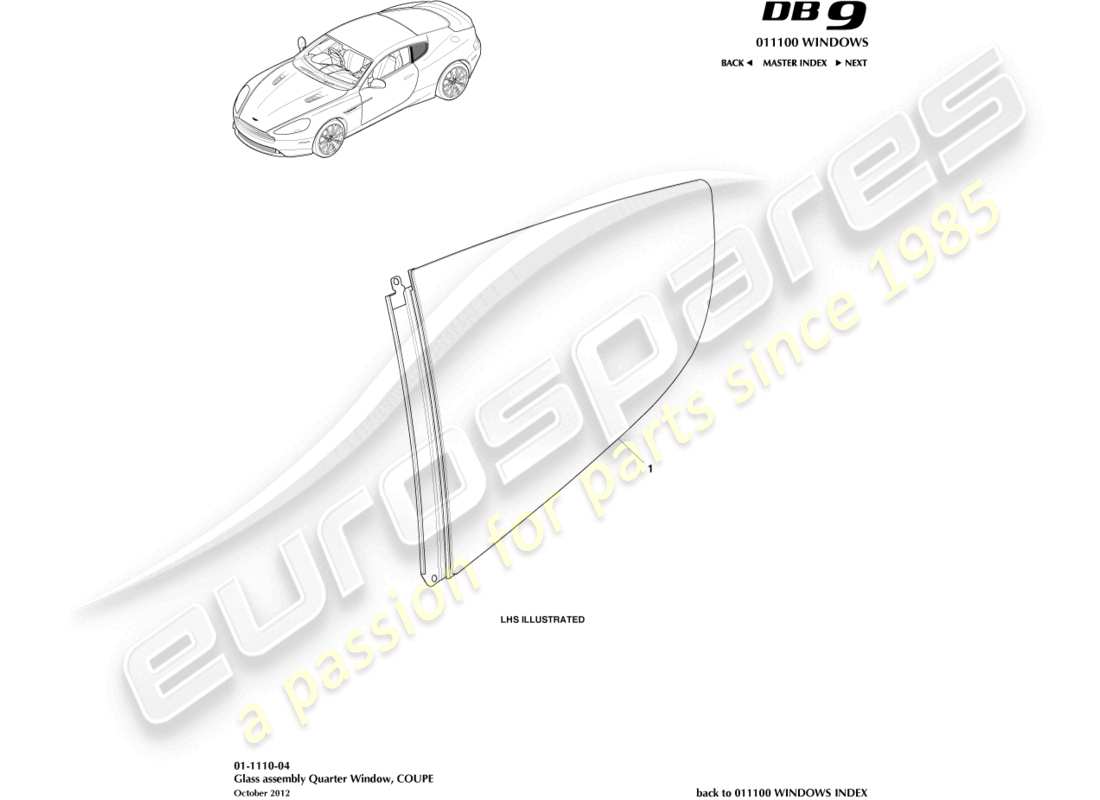aston martin db9 (2013) rear quarter glass, coupe parts diagram