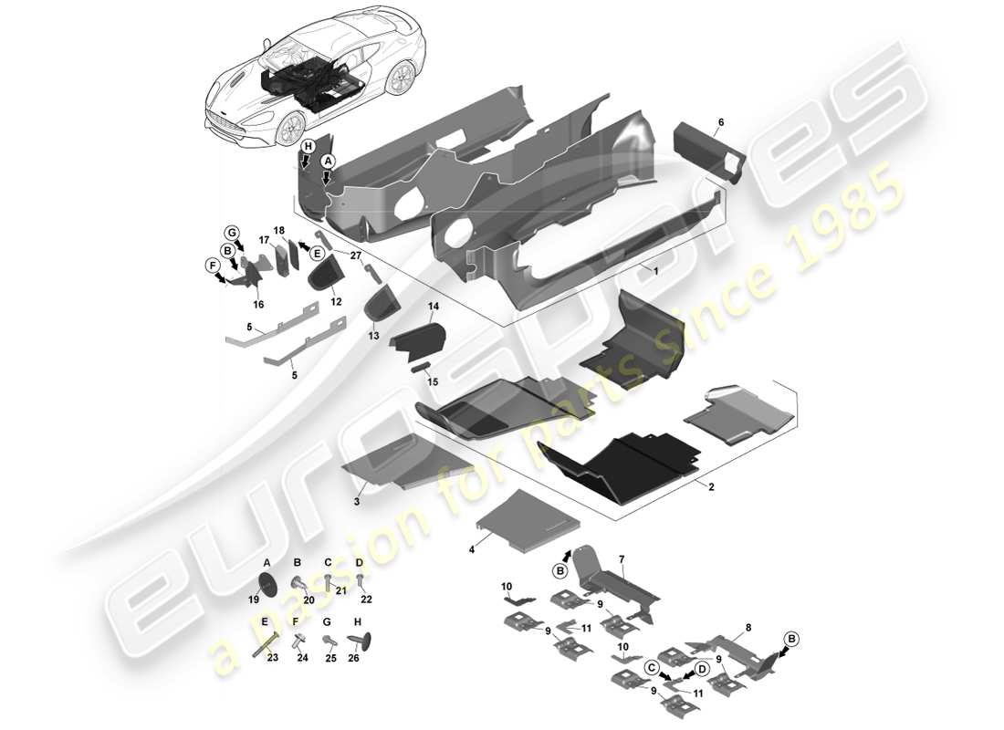 aston martin vanquish (2013) main floor trim, rhd parts diagram