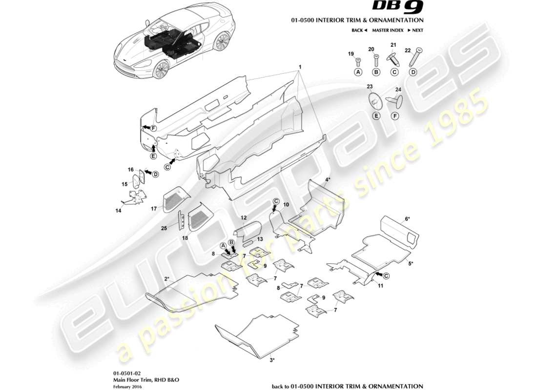 aston martin db9 (2015) main floor trim, rhd, b&o parts diagram