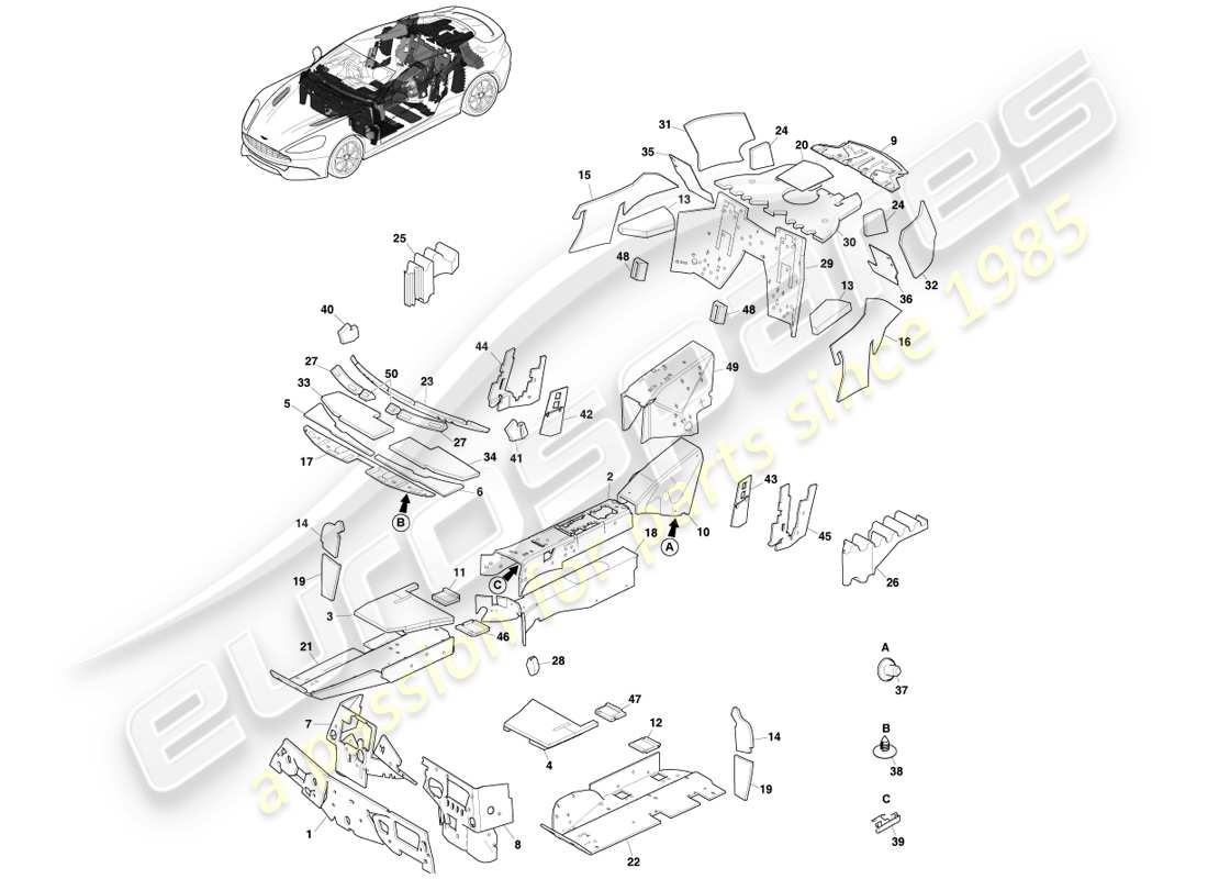 aston martin vanquish (2013) noise insulation, coupe parts diagram