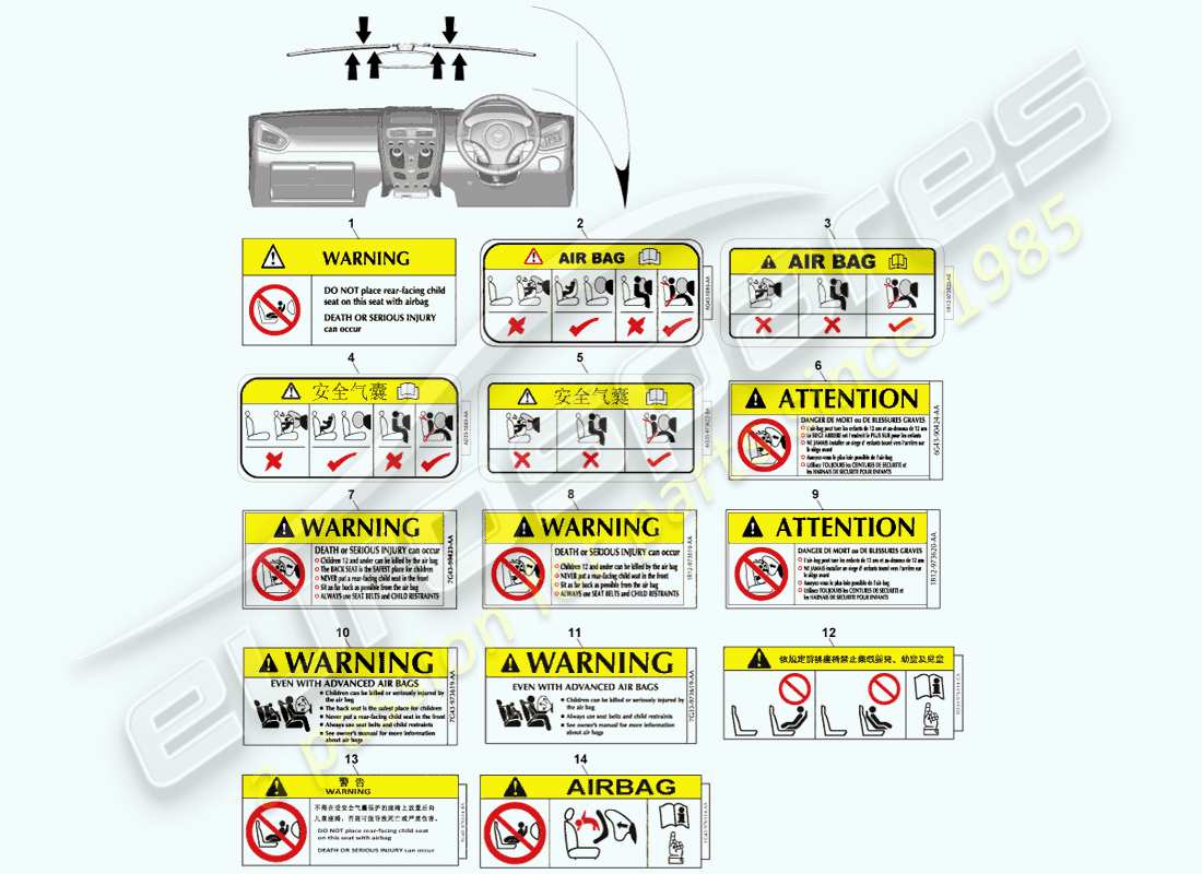 aston martin vanquish (2013) airbag warning labels parts diagram