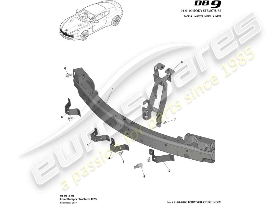 aston martin db9 (2015) front bumper structure, row parts diagram