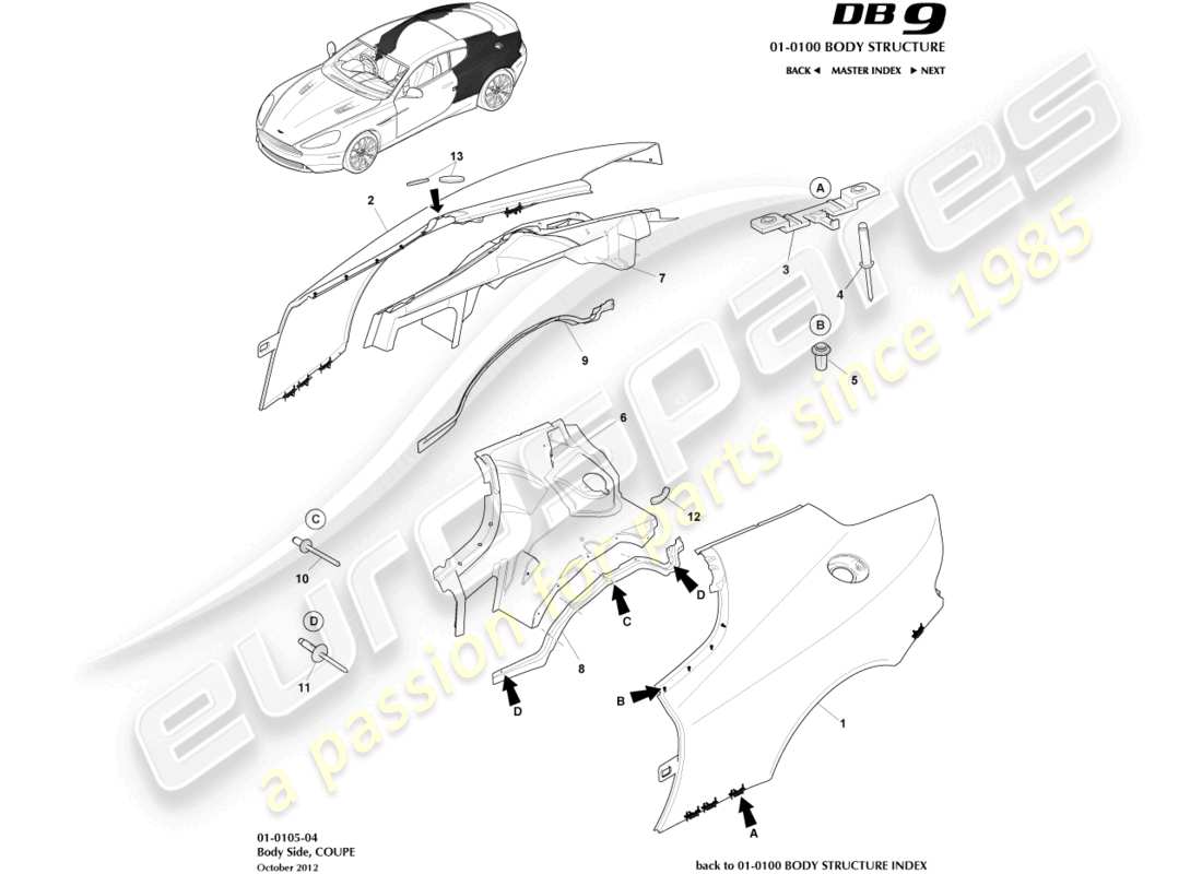 aston martin db9 (2017) body side, coupe part diagram