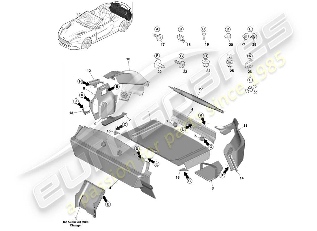 aston martin vanquish (2014) load compartment trim, volante part diagram