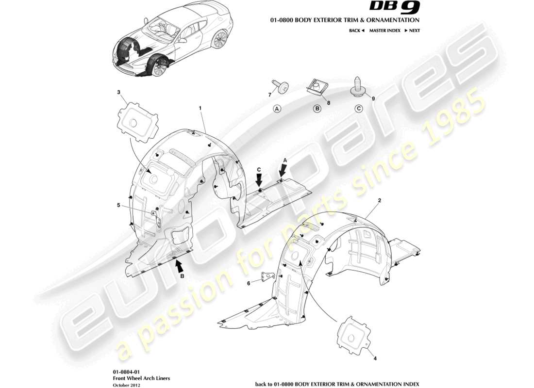 aston martin db9 (2014) front wheel arch liners parts diagram