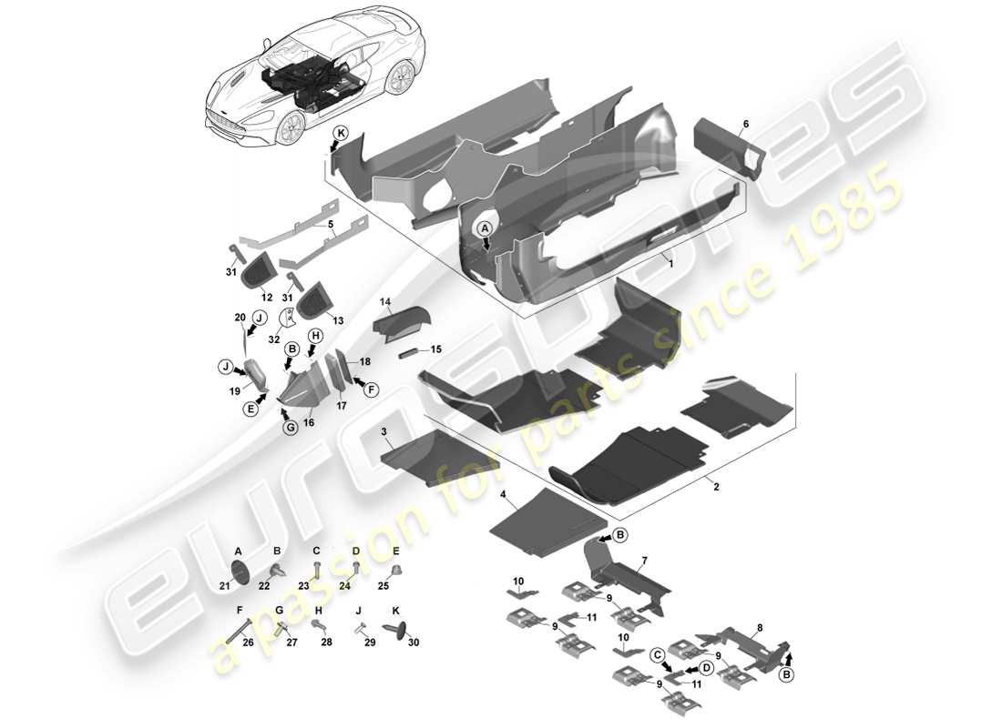 aston martin vanquish (2014) main floor trim, lhd part diagram