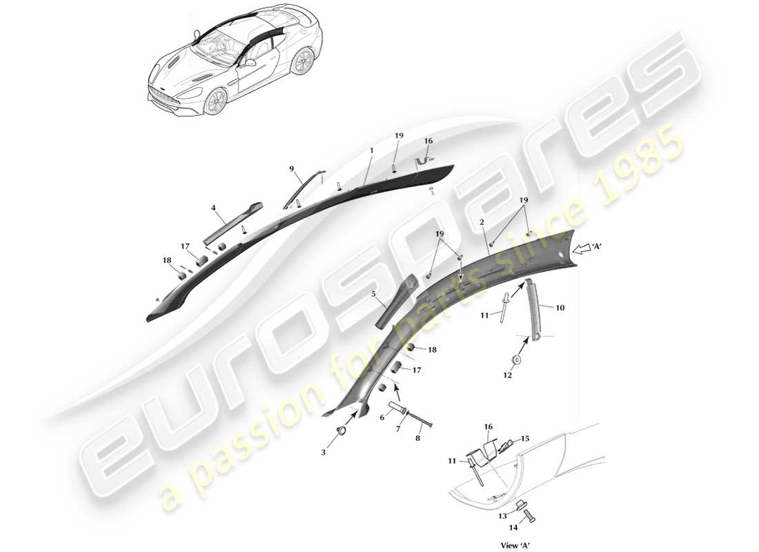 aston martin vanquish (2013) pillar trim, upper, coupe parts diagram