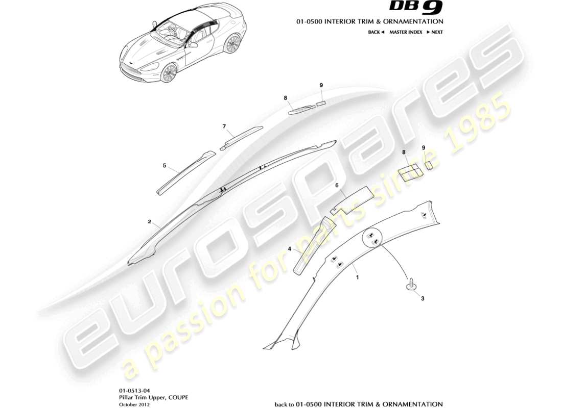 aston martin db9 (2015) pillar trim, upper, coupe parts diagram