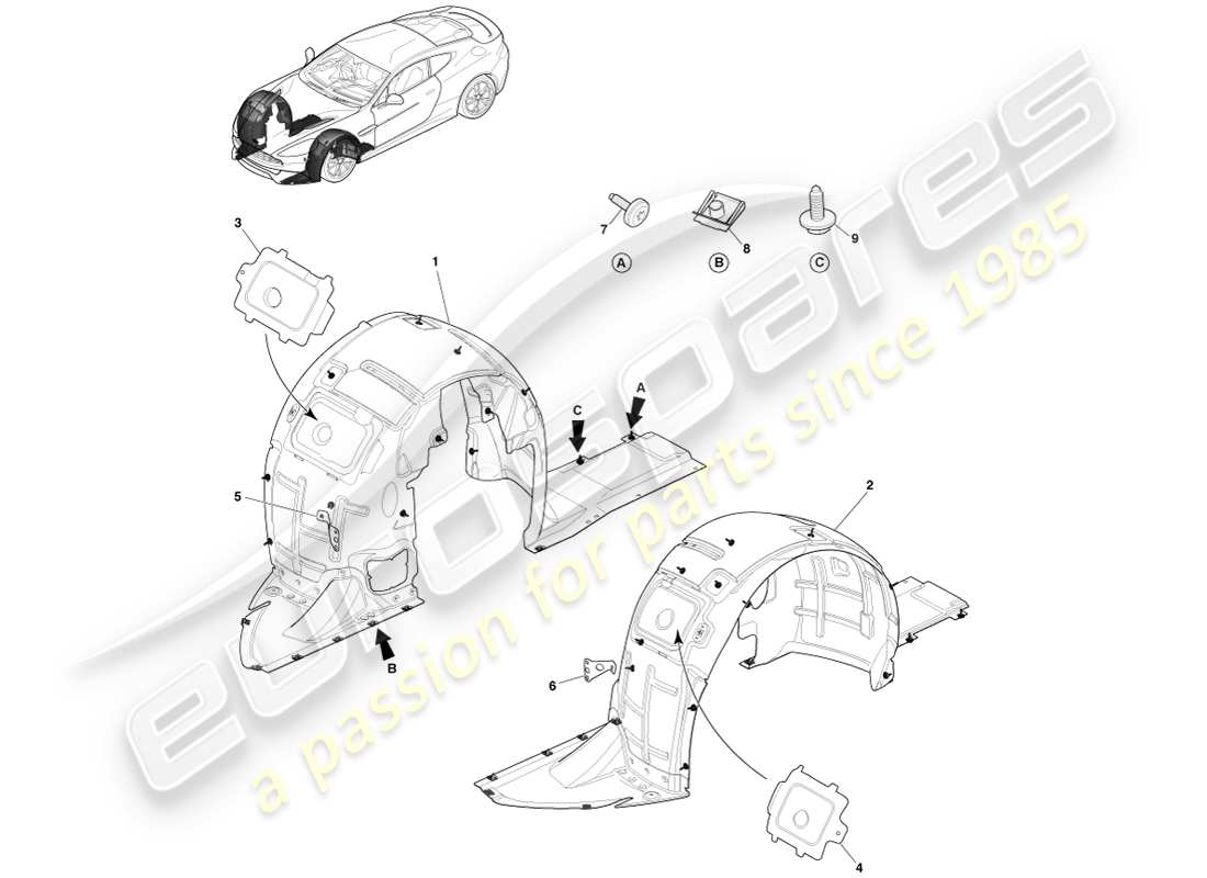 aston martin vanquish (2013) front wheel arch liners parts diagram