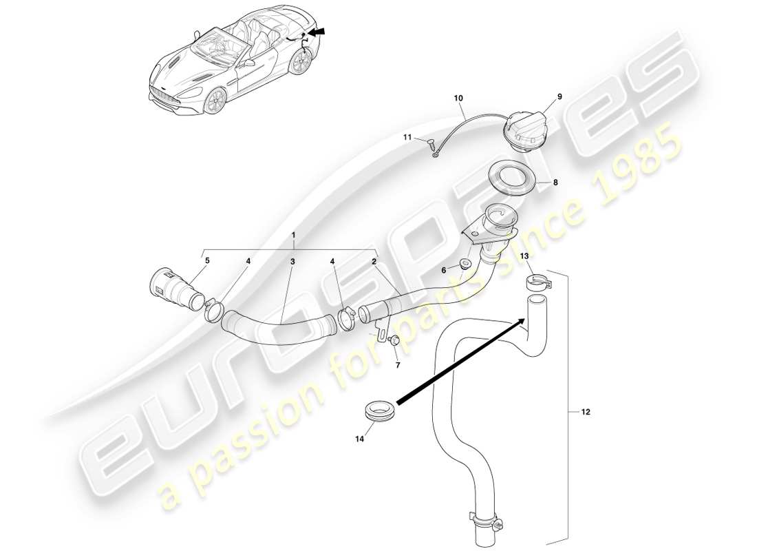 aston martin vanquish (2014) fuel filler assembly, volante part diagram