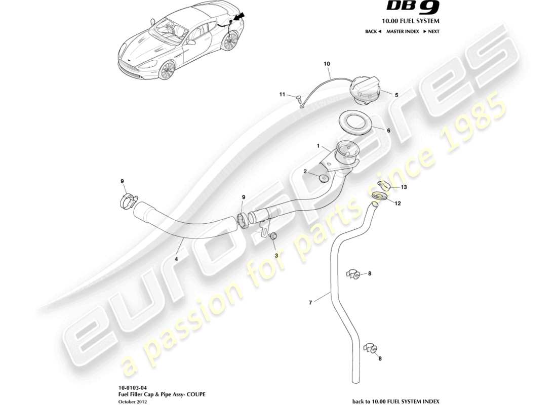 aston martin db9 (2014) fuel filler assembly, coupe parts diagram