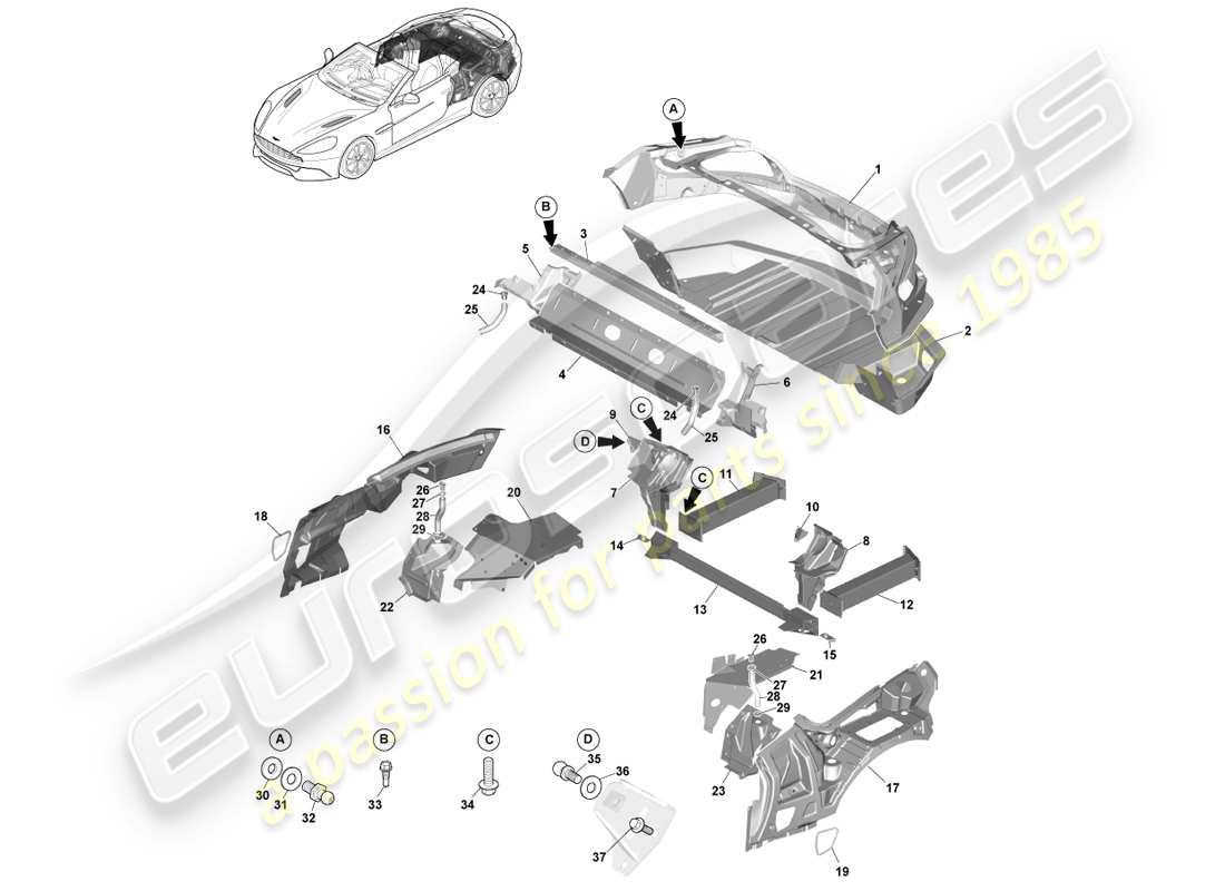 aston martin vanquish (2013) body rear end, volante parts diagram