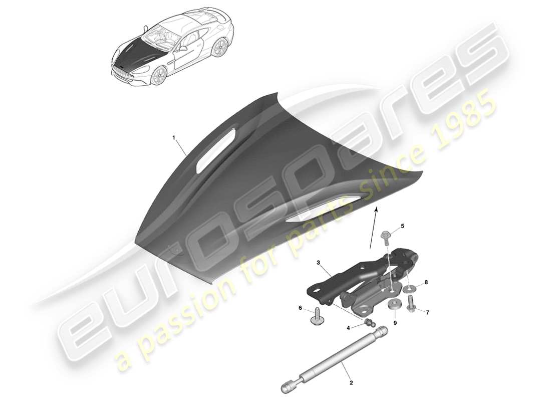 aston martin vanquish (2013) bonnet and hinges parts diagram