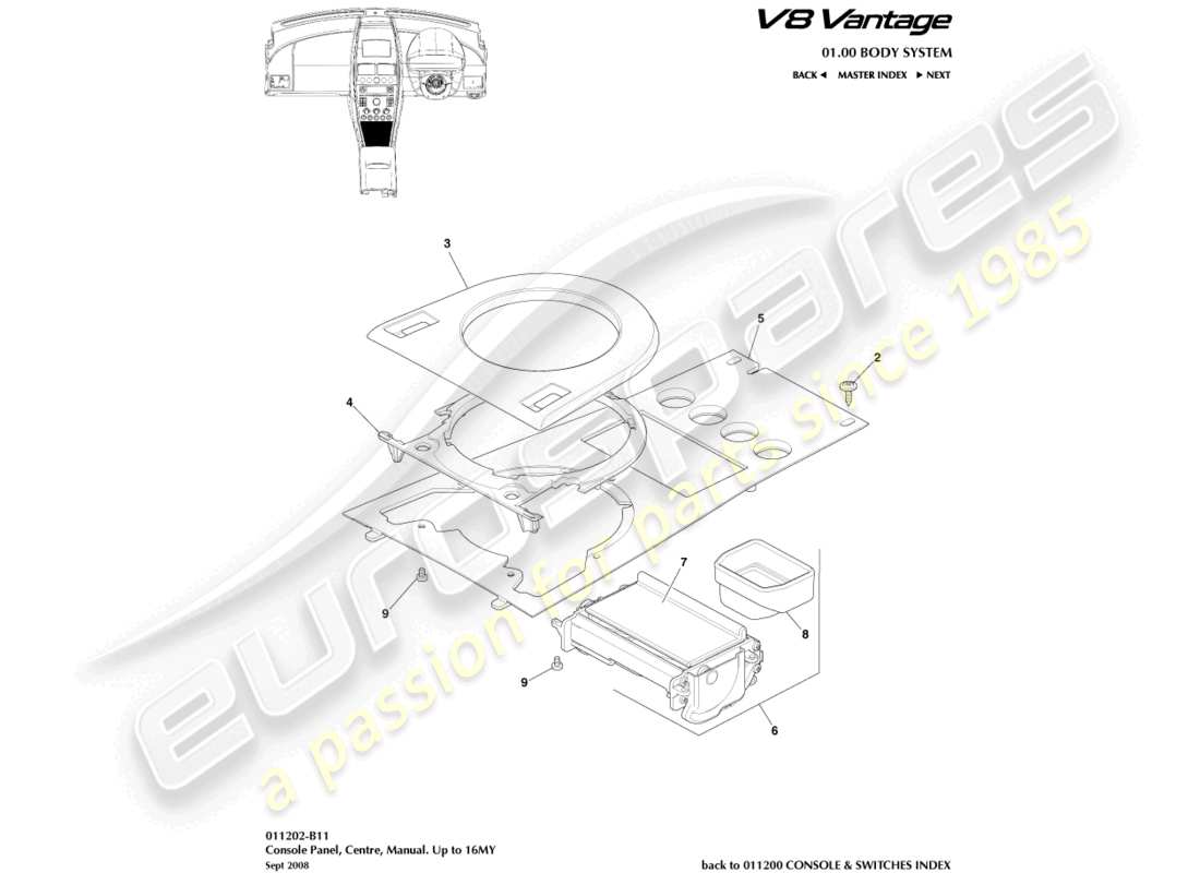 aston martin v8 vantage (2012) front console, manual, to 16my part diagram