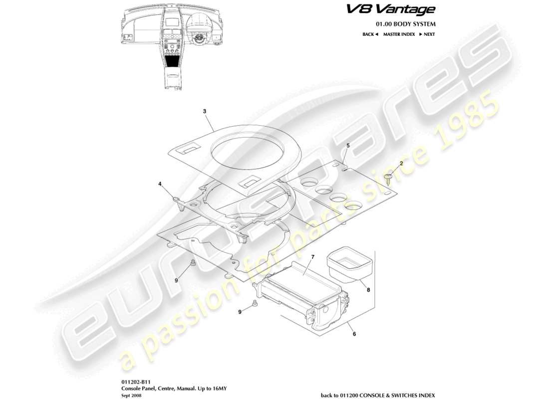 aston martin v8 vantage (2011) front console, manual, to 16my part diagram