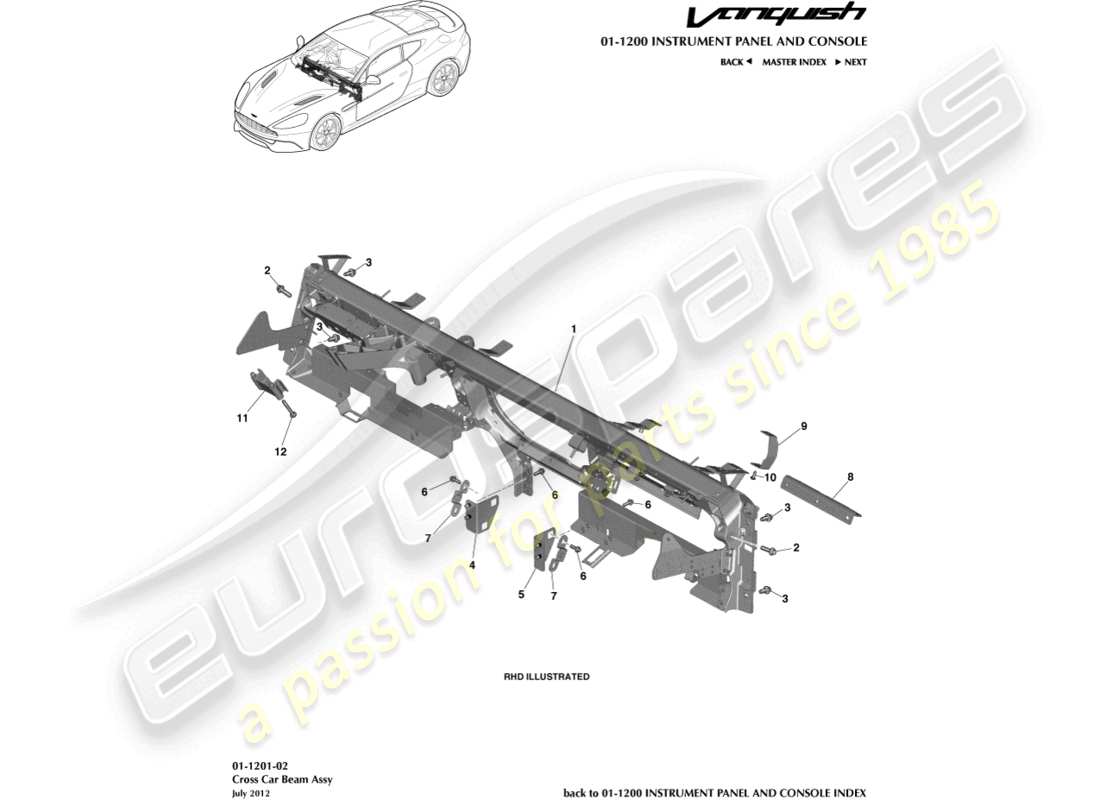 aston martin vanquish (2015) ip cross beam part diagram