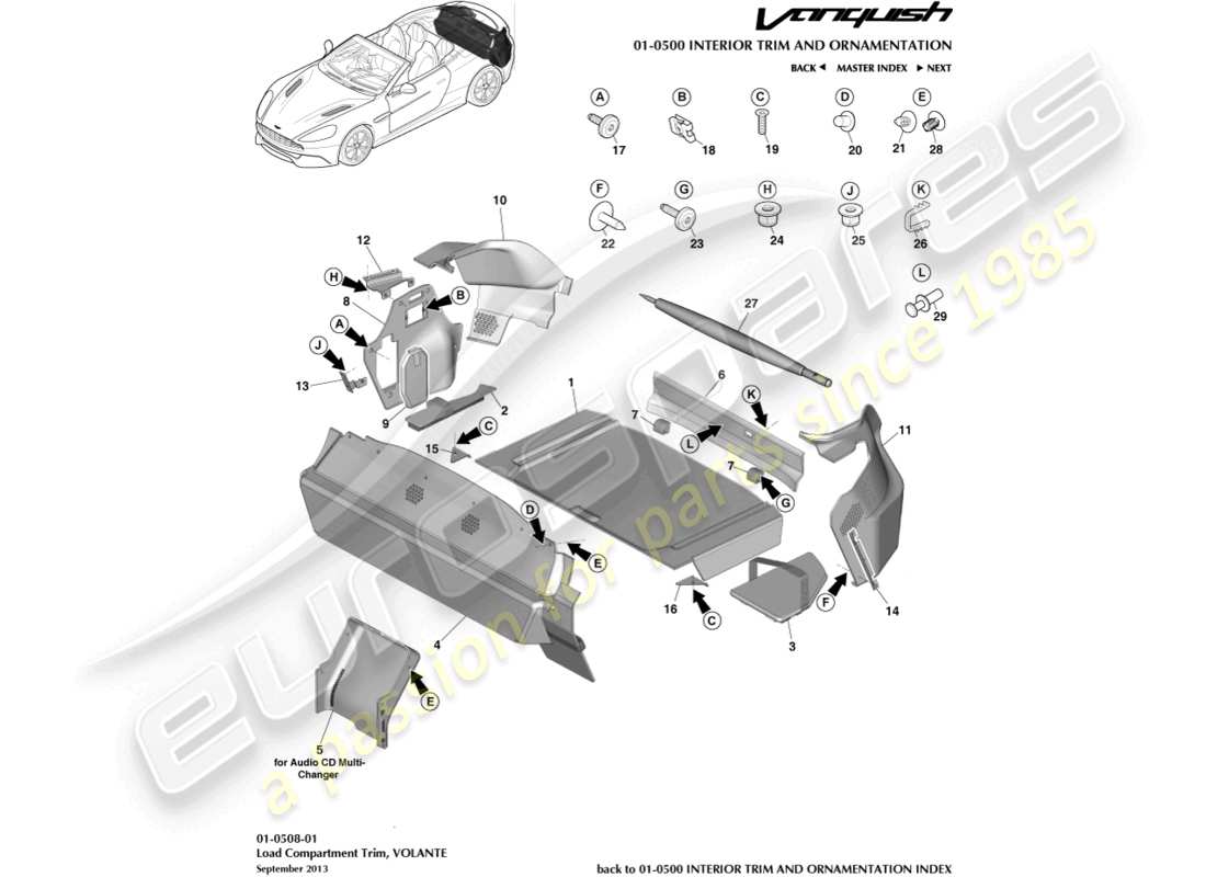 aston martin vanquish (2017) load compartment trim, volante part diagram