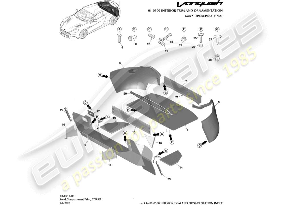 aston martin vanquish (2017) load compartment trim, coupe part diagram
