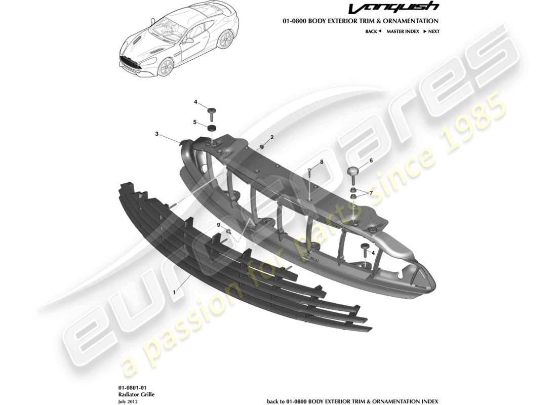 aston martin vanquish (2015) radiator grille part diagram