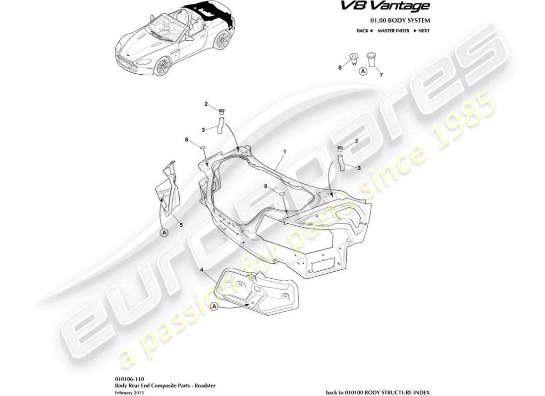 aston martin v8 vantage (2012) body rear end composite, roadster part diagram