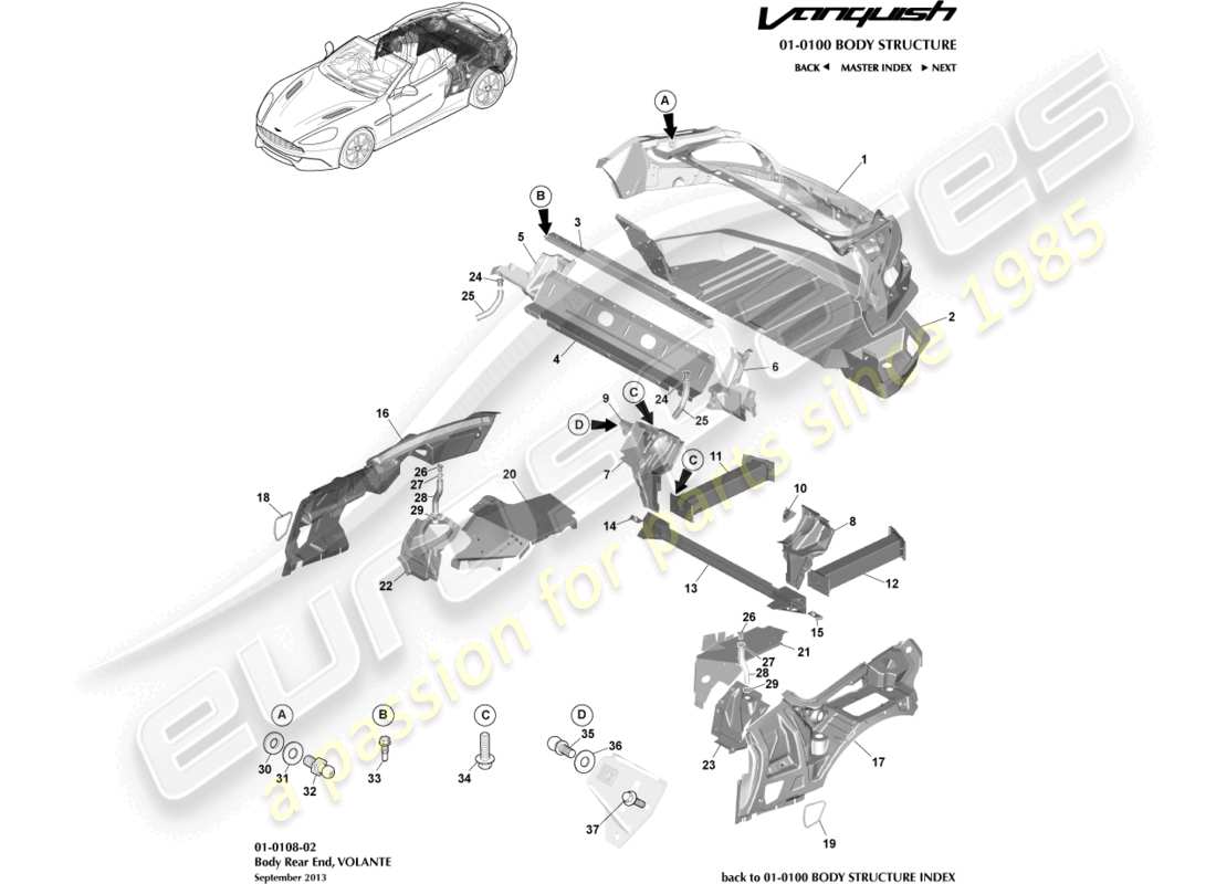 aston martin vanquish (2017) body rear end, volante part diagram
