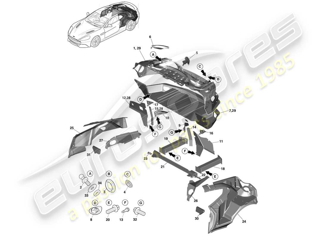 aston martin vanquish (2014) body rear end, coupe part diagram