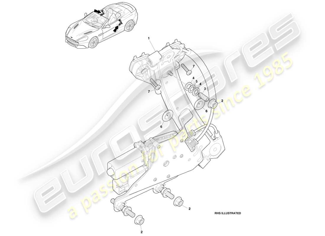 aston martin vanquish (2014) rear quarter window regulator, volante part diagram