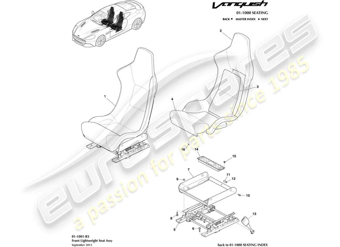 aston martin vanquish (2017) front lightweight seats part diagram