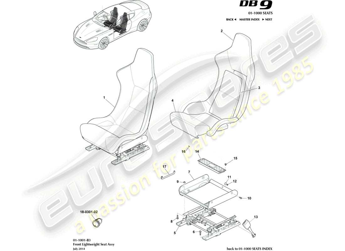 aston martin db9 (2013) front lightweight seats parts diagram