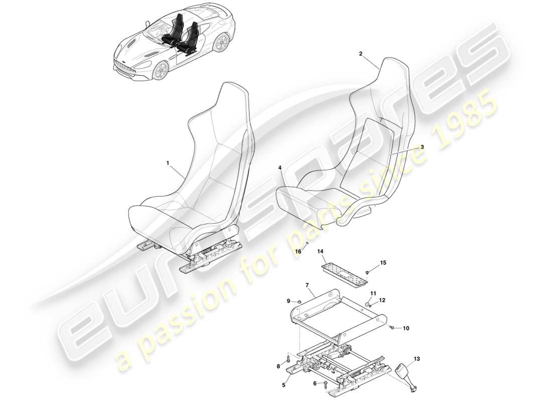 aston martin vanquish (2013) front lightweight seats parts diagram