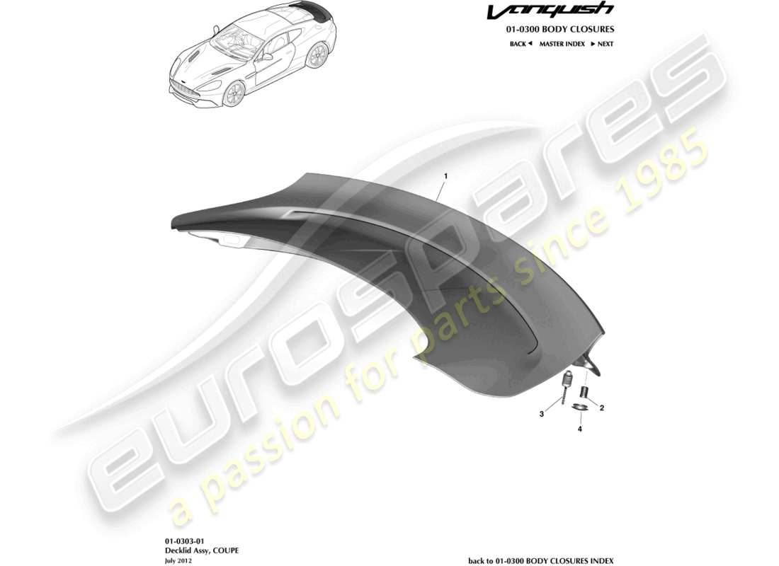 aston martin vanquish (2017) tailgate assembly, coupe part diagram