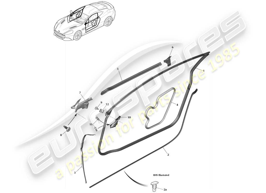 aston martin vanquish (2013) door weatherstrips, coupe parts diagram