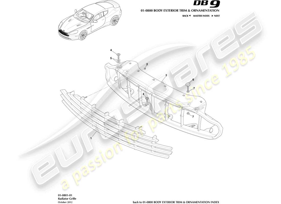 aston martin db9 (2013) radiator grille parts diagram