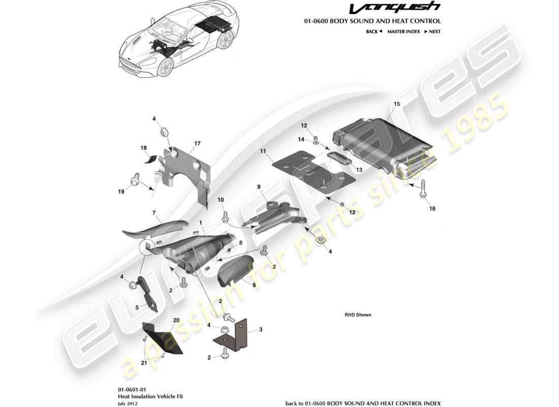 aston martin vanquish (2017) heat insulation, vehicle fit part diagram