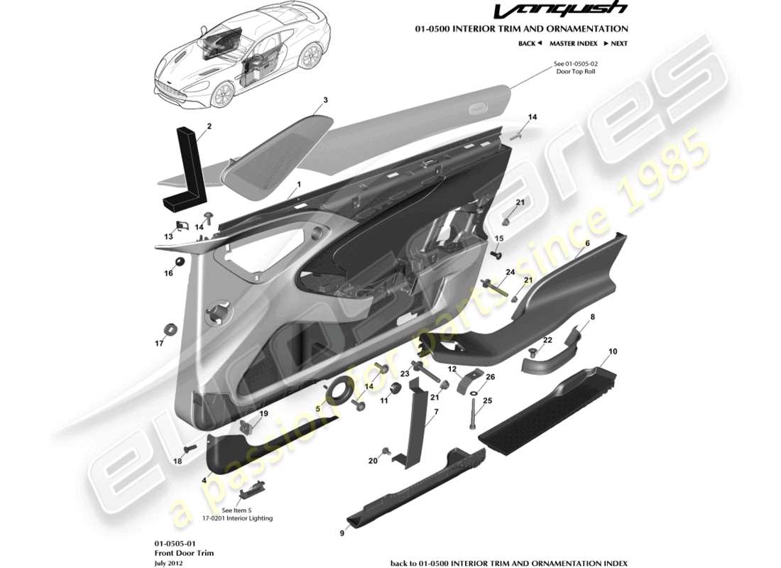 aston martin vanquish (2016) front door trim panel part diagram