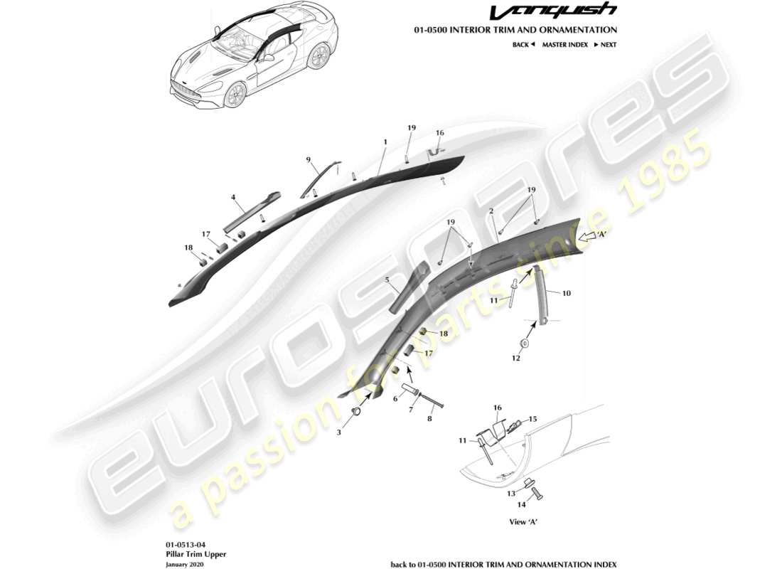 aston martin vanquish (2015) pillar trim, upper, coupe part diagram
