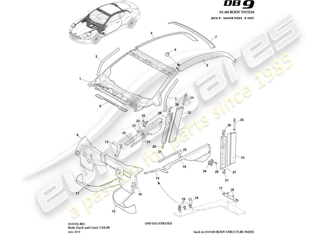 aston martin db9 (2009) body dash and cowl, coupe parts diagram