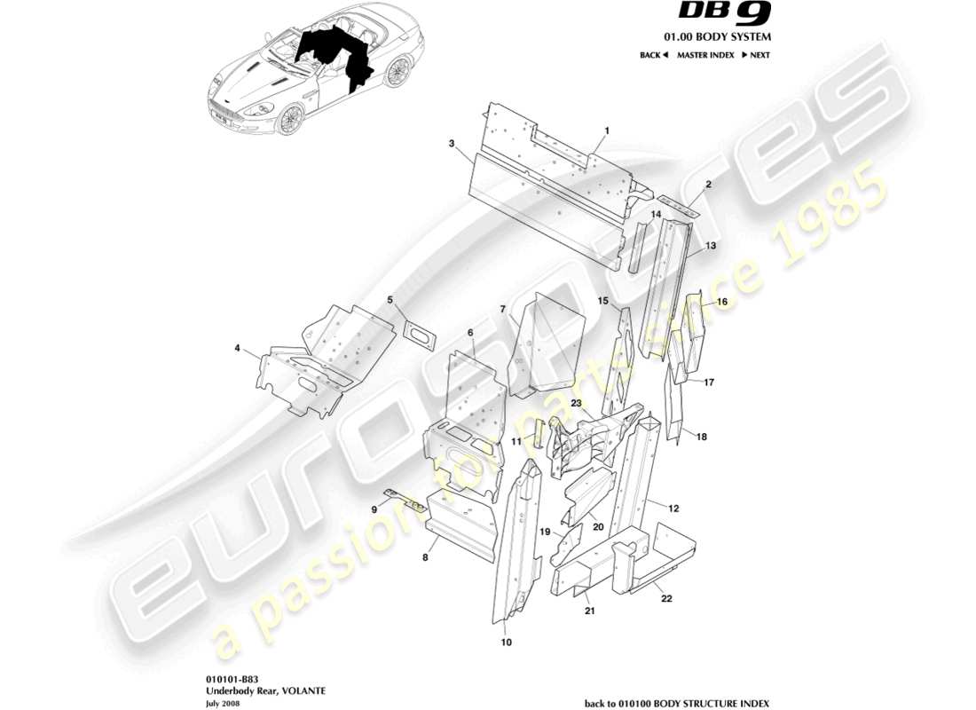 aston martin db9 (2011) underbody rear, volante parts diagram