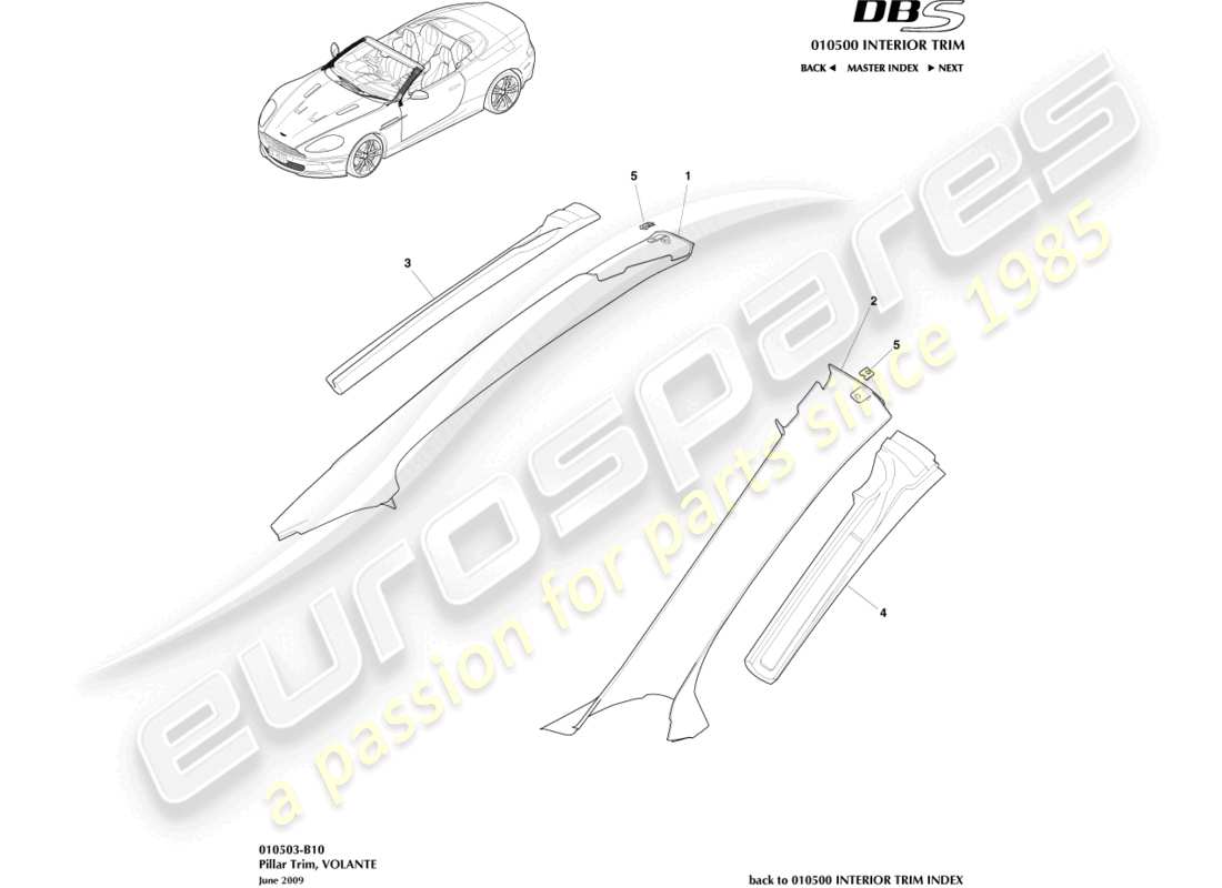 aston martin dbs (2012) pillar trim, upper, volante part diagram