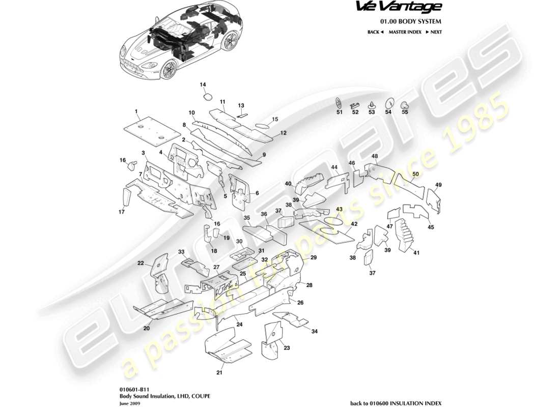aston martin v12 vantage (2010) body insulation, coupe lhd part diagram