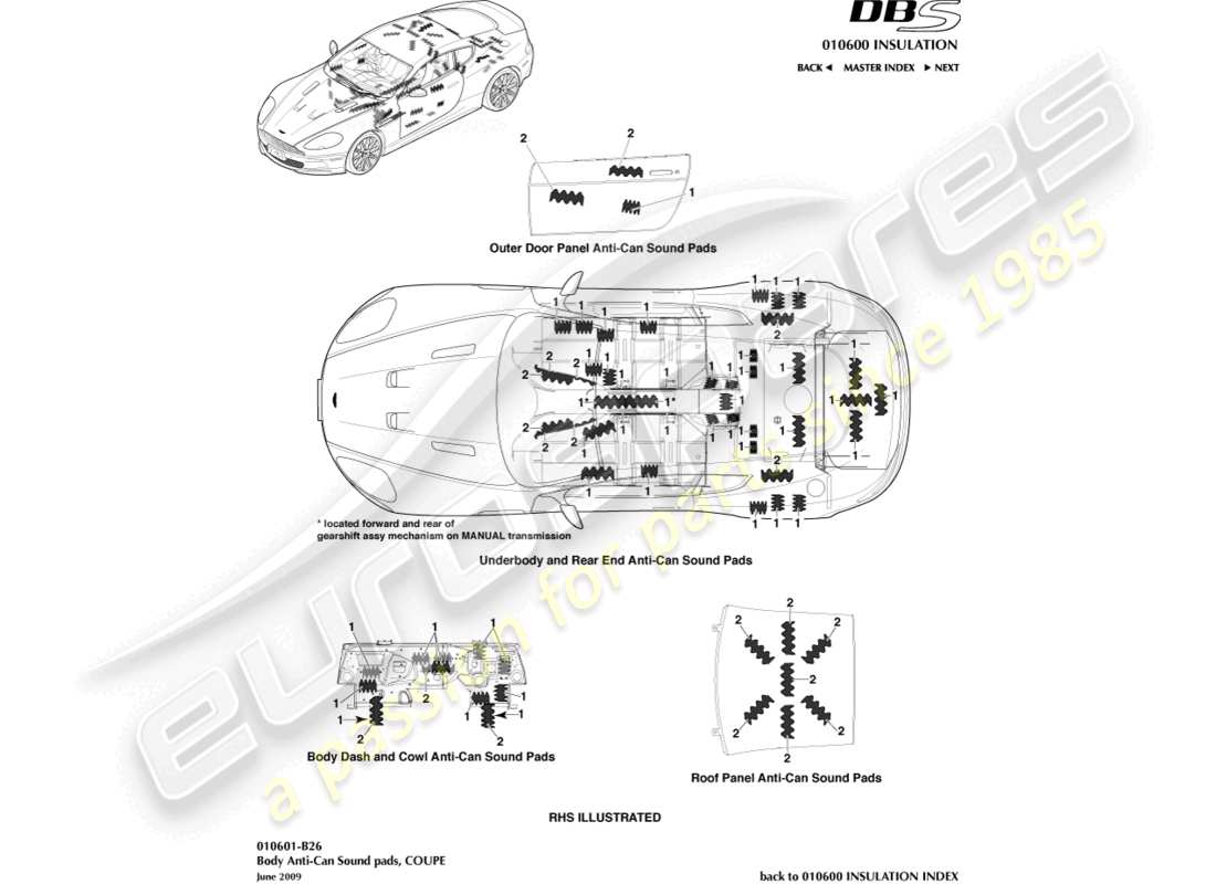 aston martin dbs (2012) anti-can sound pads, coupe part diagram